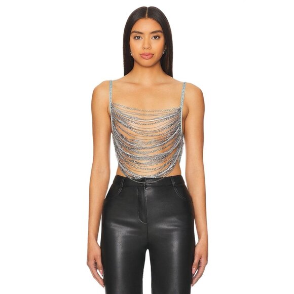 h:ours Milana Rhinestone Top in Multi Mint Medium New Womens Chain Rope Tank - Picture 1 of 11